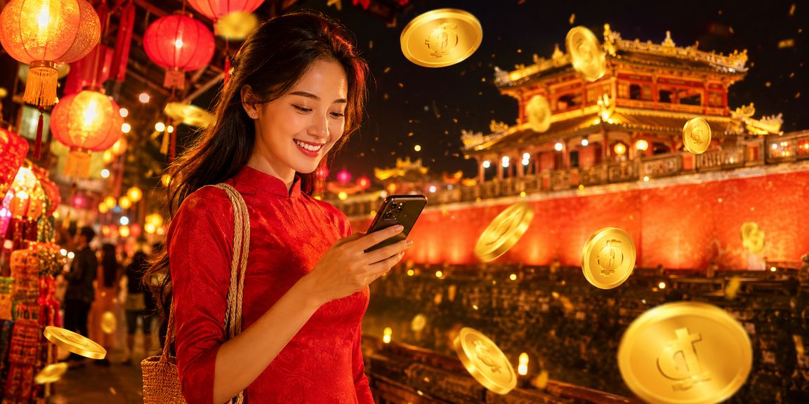 Không khí chợ đêm Huế, người dùng tham gia xổ số và kiểm tra thanh toán qua điện thoại