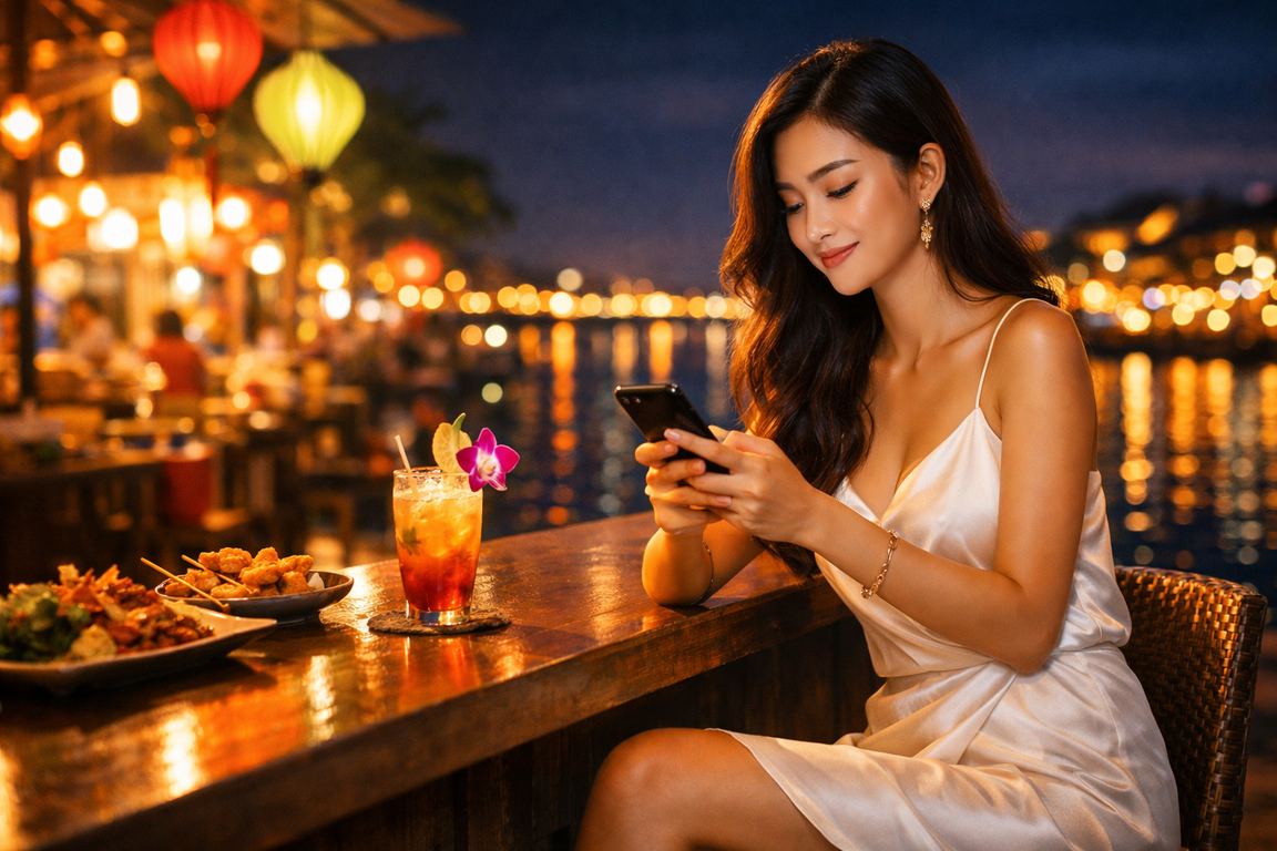 Người dùng miền Tây xem khuyến mãi casino trên điện thoại tại chợ đêm Mekong